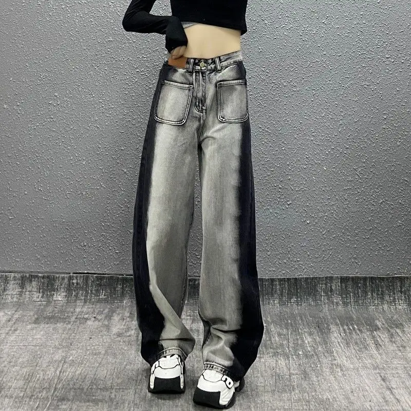 Spring Summer New Black and White Gradient Wide Leg Trousers Women High Street Button Zipper Pockets Patchwork Cotton Y2K Pants