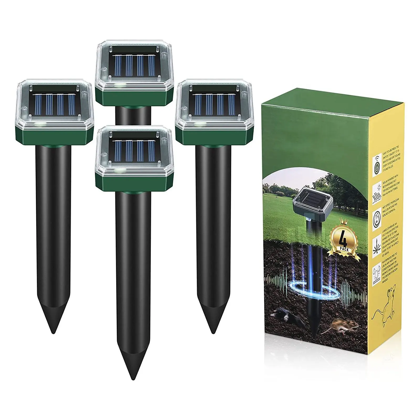 4PCS Solar Mole Repeller Square High Power Waterproof ABS Mole Repellent Spikes for Garden Yard
