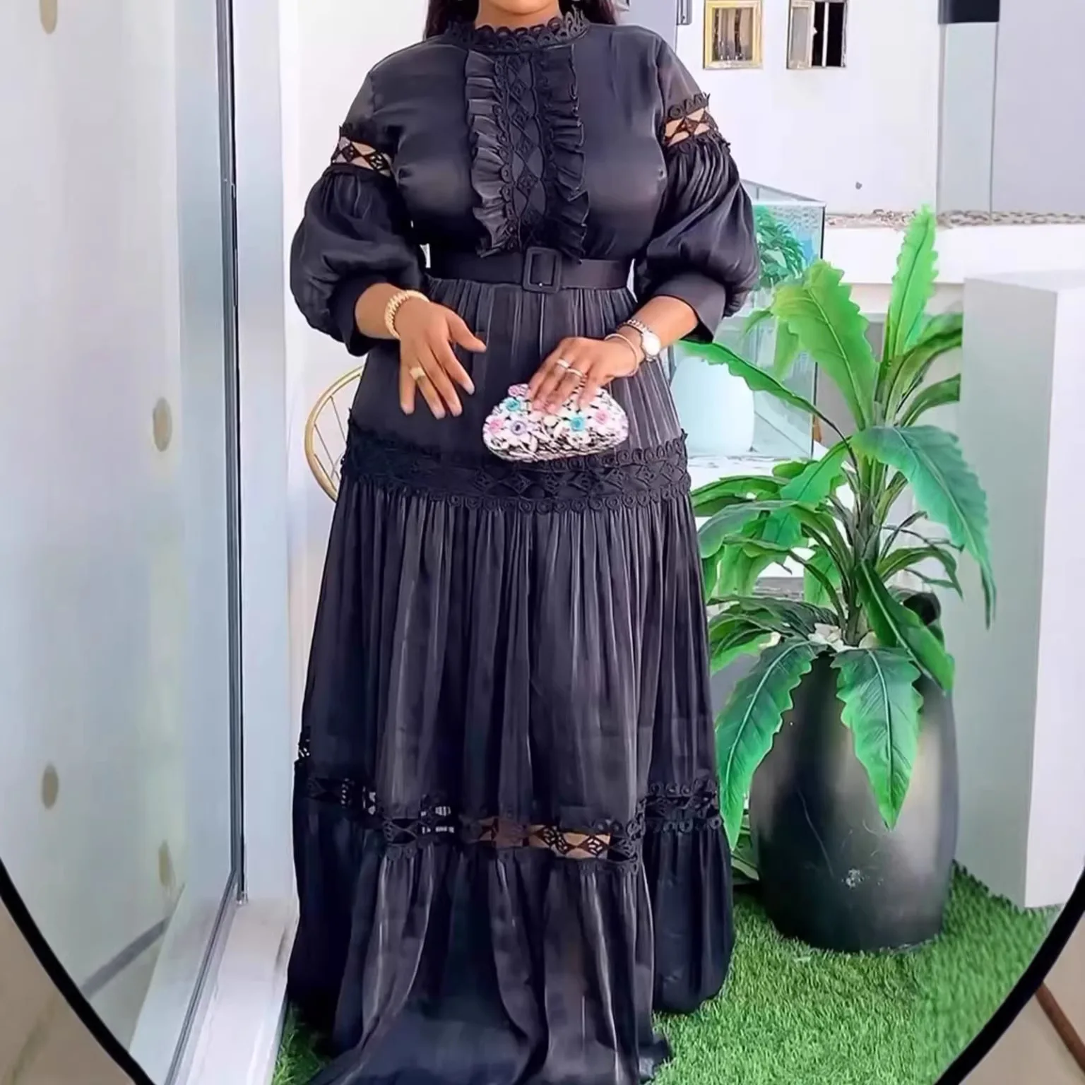 African plus size black satin maxi dress with lace cutout lantern sleeves and belted waist - party dress