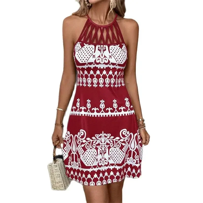 

Fashion Crossover Straps Splicing O Neck Pullover Dress Women Vintage Print Sleeveless Dresses Female Casual Streetwear New Gown