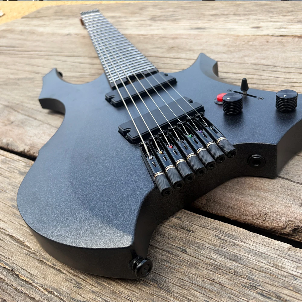 Premium 7 String Headless Electric Guitar 9 Piece Neck Active Pickups Red Kill Switch Fanned Frets Satin Black Finish Guitarra