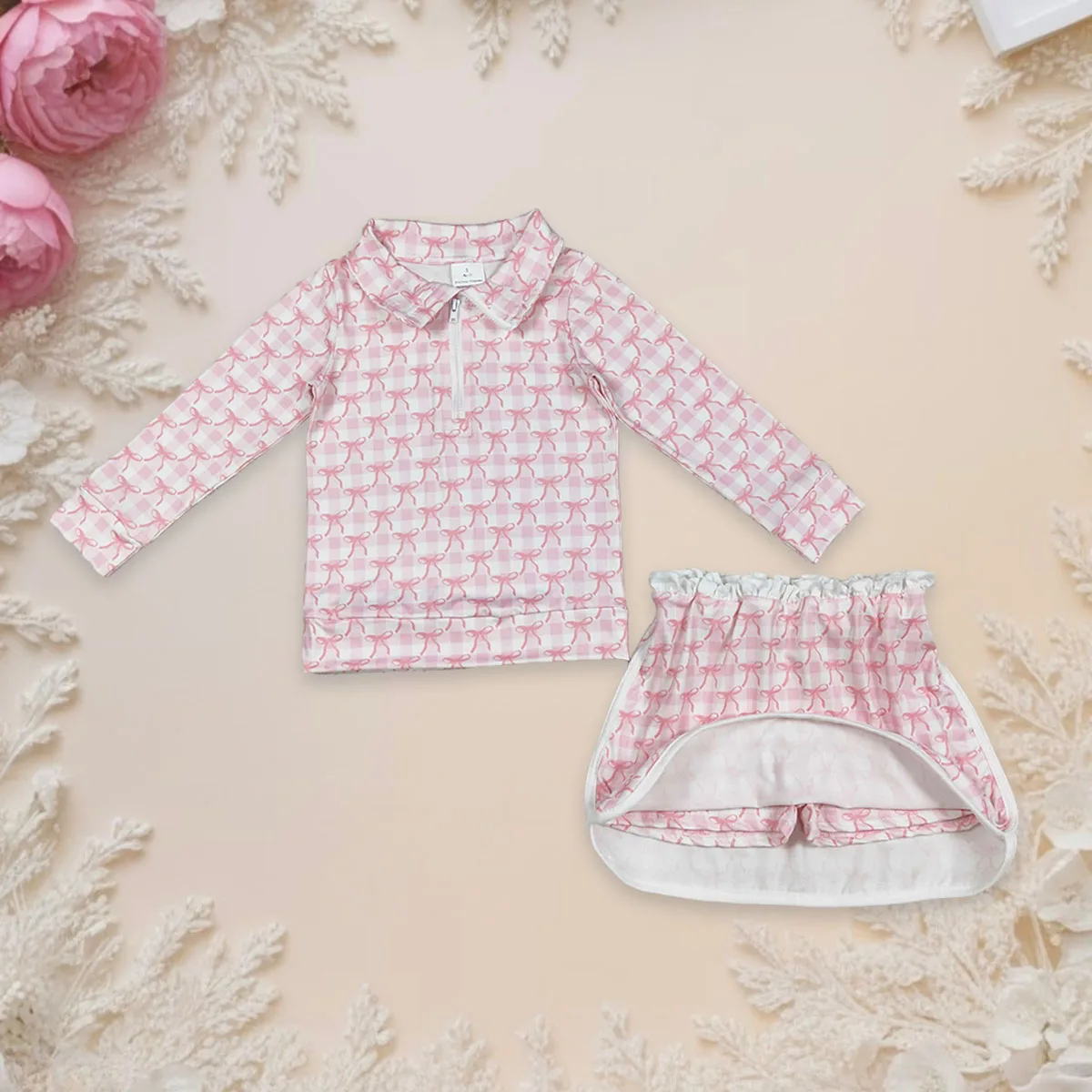 

Baby Girl Long Sleeve Set Kids Toddler Pink Bows Zipper Tops Skort Bottoms Clothes Shorts Skirt Infant Children Outfit Wholesale