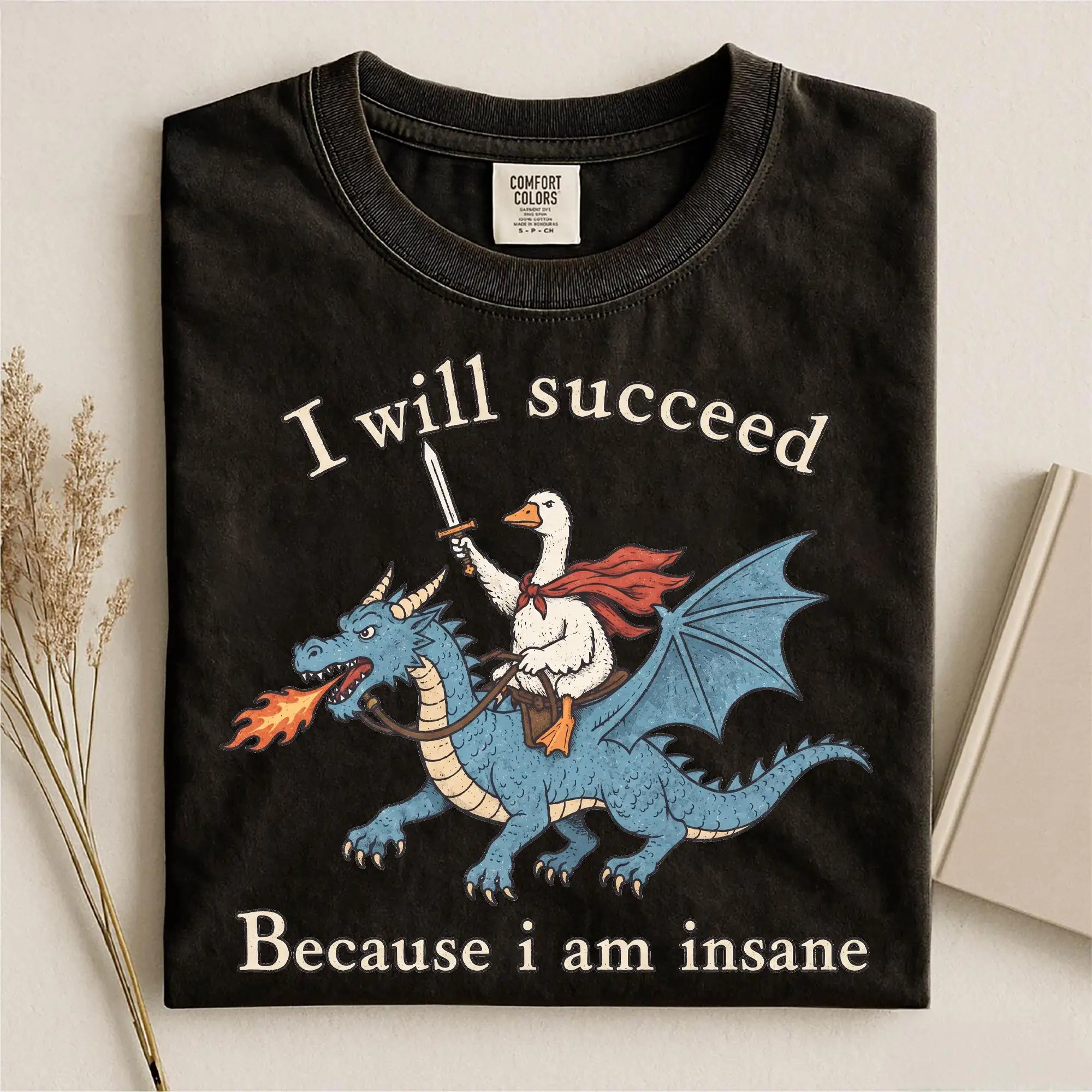 I Will Succeed Because I Am Insane Shirt, Funny Goose Dragon T-shirt,Funny Feminism Tee, Fantasy Creature Shirt, Medieval Humor
