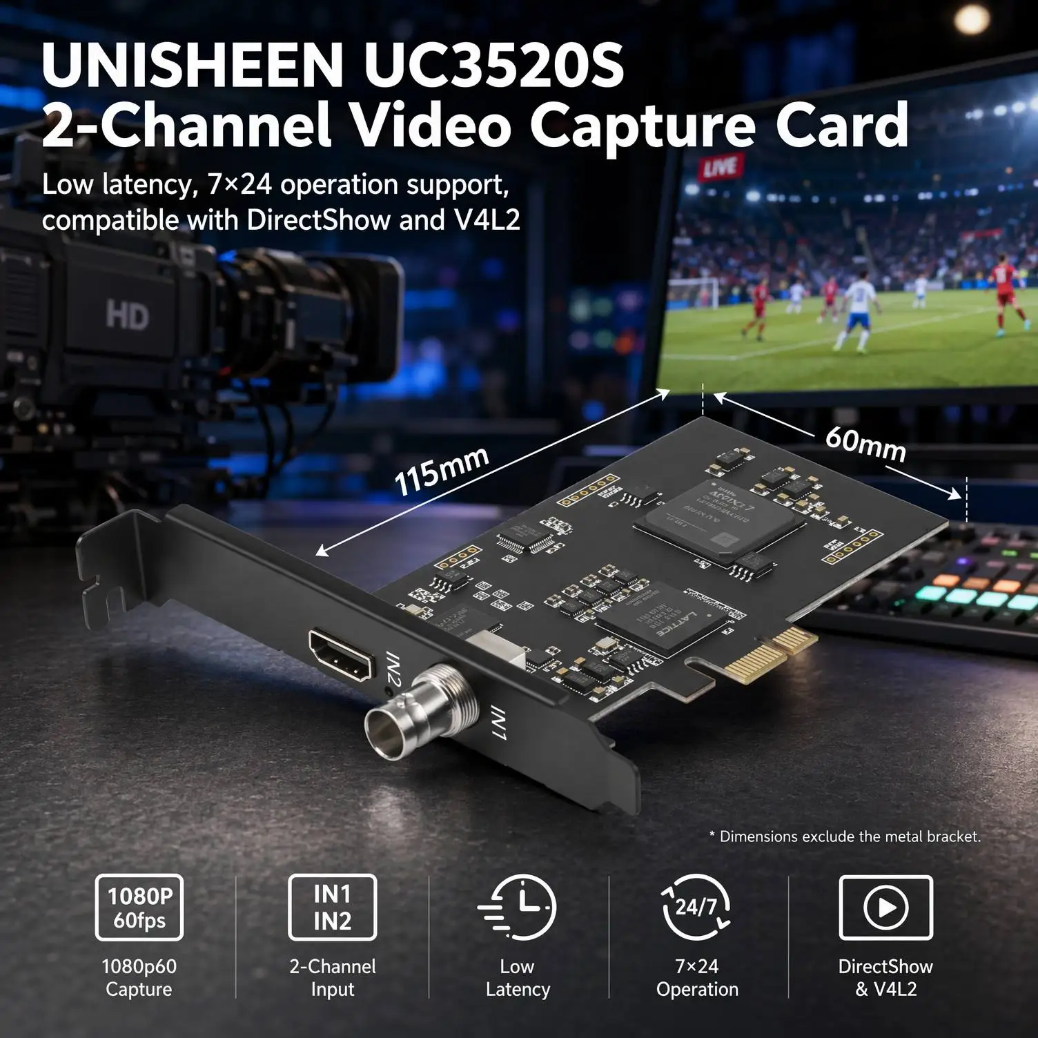 UNISHEEN UC3520HS Zoom 1080p OBS Vmix Wirecast Streaming 2 Channel HDMI SDI USB PCI Express HD Video Capture Card Box