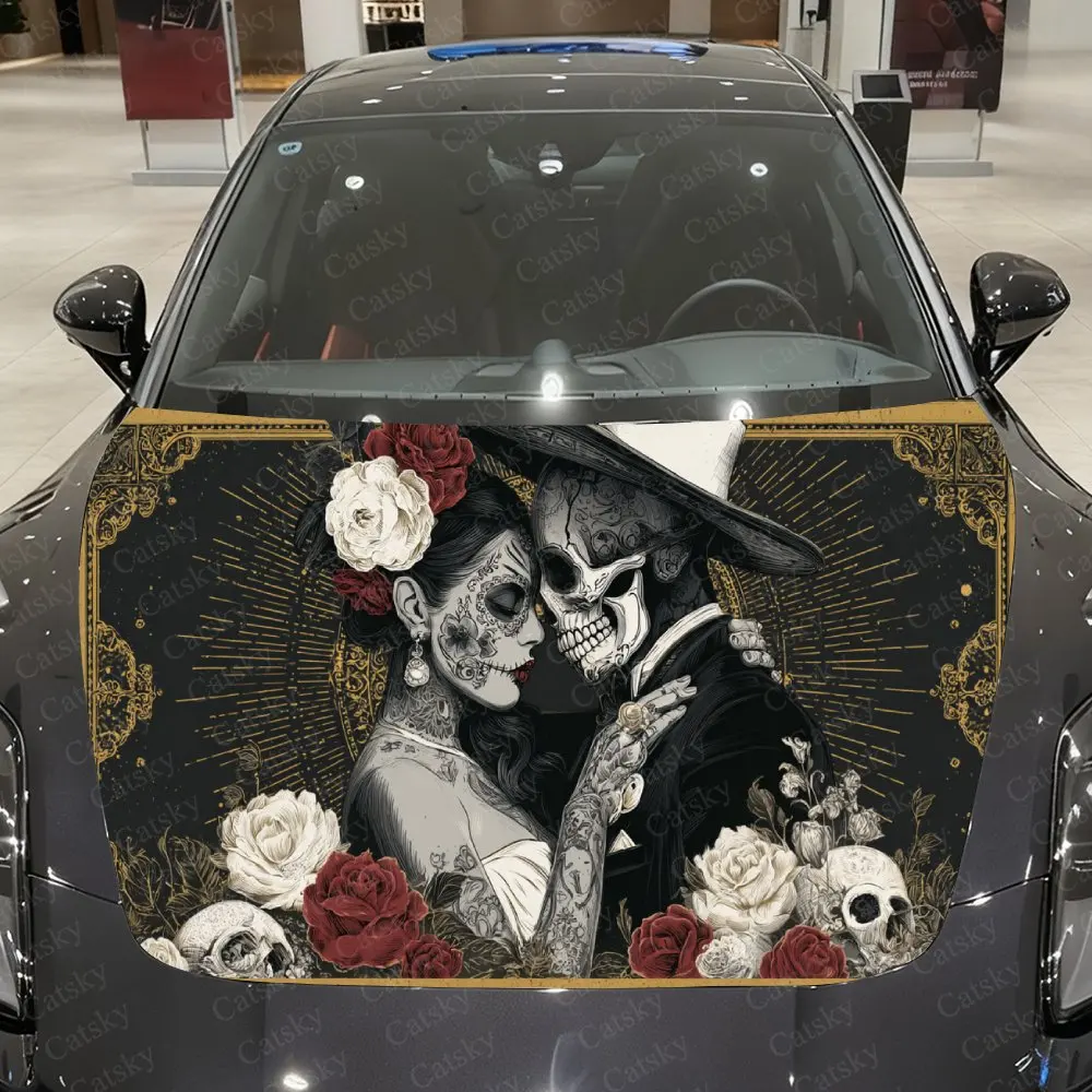 Gilded Skull Lover Pair Car Vinyl Wrap, PVC Waterproof Car Hood Sticker, Self-Adhesive Scratch-Resistant Stickers