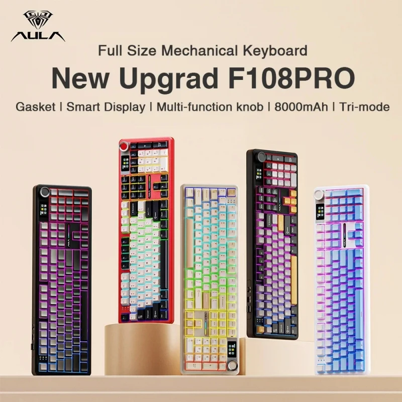 

Механическая клавиатура AULA F108 Pro с RGB-подсветкой, беспроводная, Bluetooth, трехрежимное подключение, многофункциональный дисплей, игровая клавиатура