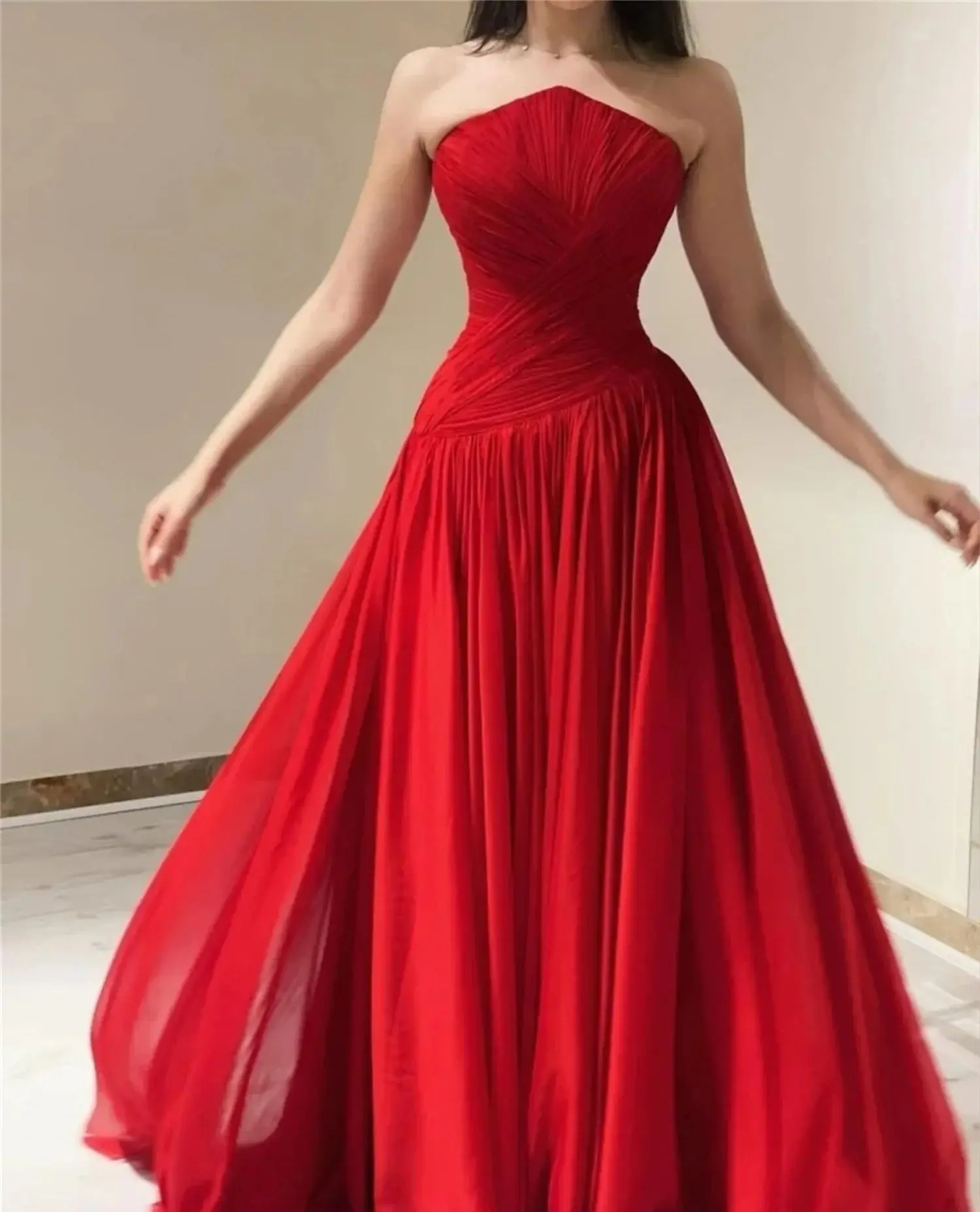 Lorrtta Red Chiffon Long Prom Dresses Strapless Pleated Side Split Party Gowns Special Banquet Club Evening Dress Customized