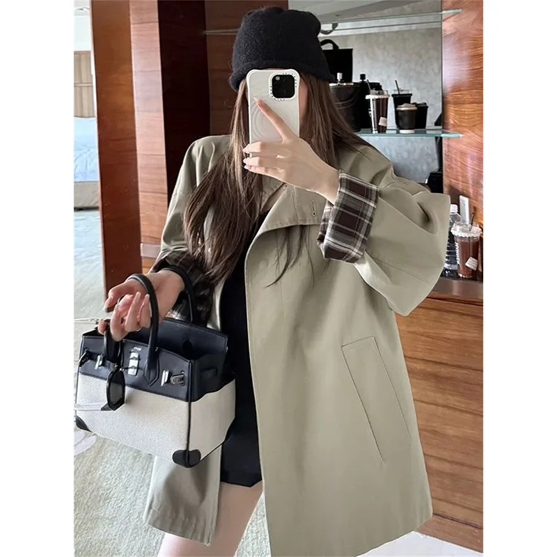 

Female Fashion Windbreaker Coat Spring Autumn Ladies Stand Collar Lined Jacket Korean Women Color Blocking Patchwork Trench Tops