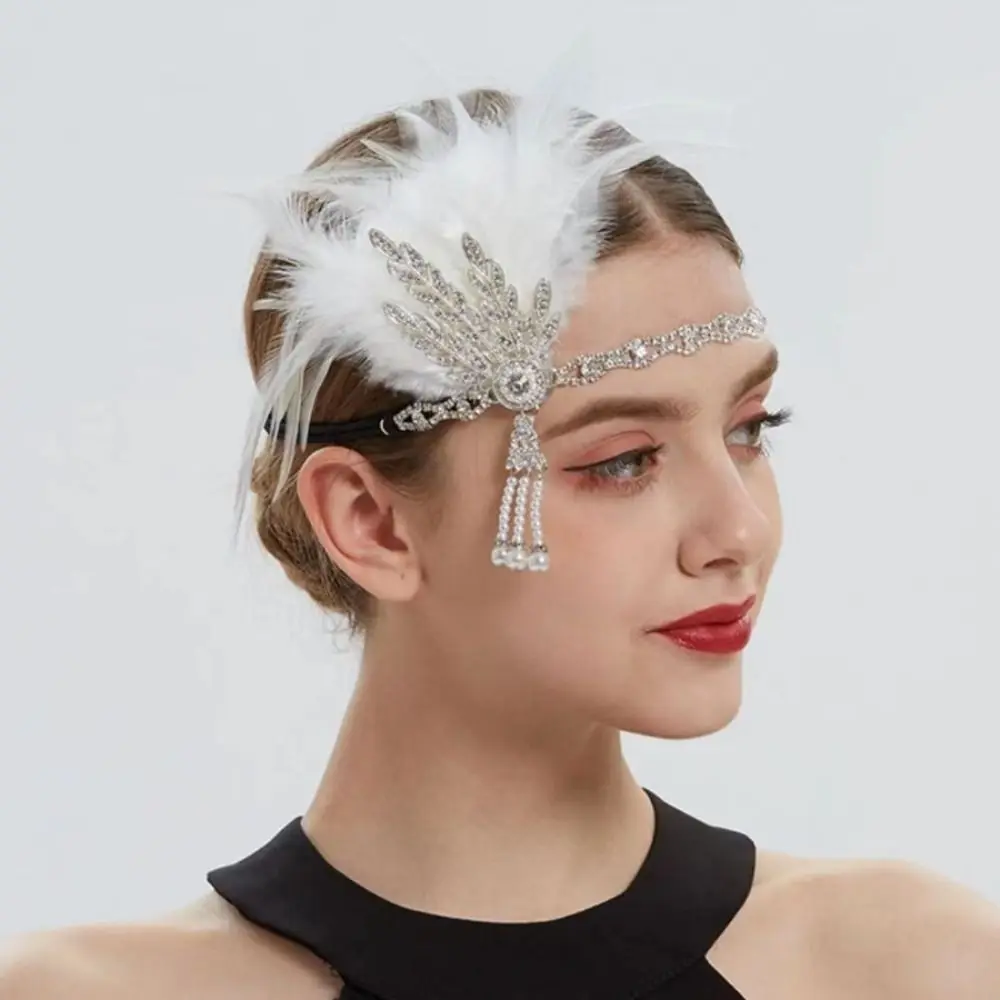 Exquisite Elegant Feather Headband 1920s Vintage Cosplay Dress Headwear Diamond Makeup Party Hair Accessories Stage Performance