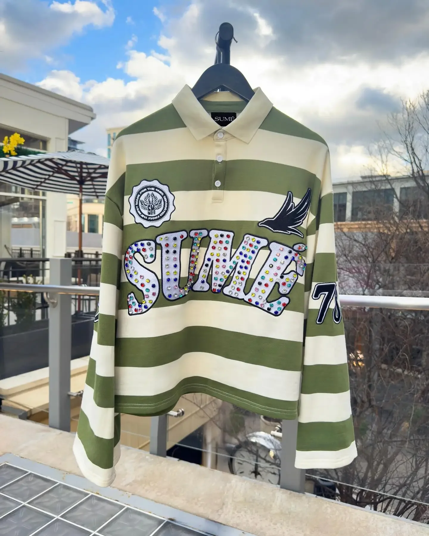 الأمريكية رجل ريترو قميص بولو التلبيب قميص Y2K البلوز الهيب هوب رسالة التطريز الترتر المتضخم قميص قطني بكم طويل بلايز