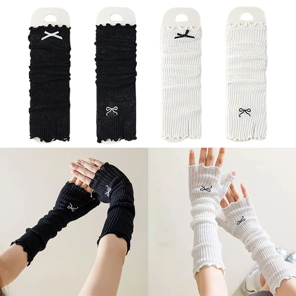 Embroidered Bow Lolita Lace Gloves Mesh Elastic Fingerless Mittens Warm Arms Japanese UV Protection Gloves Cosplay Accessories