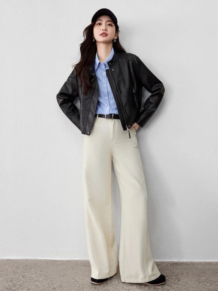 SENTUBILA المرأة فو سترات من الجلد 2025 الخريف جديد الصلبة سستة الوقوف طوق سترة عادية بسيطة معطف طويل الأكمام W53GA3325