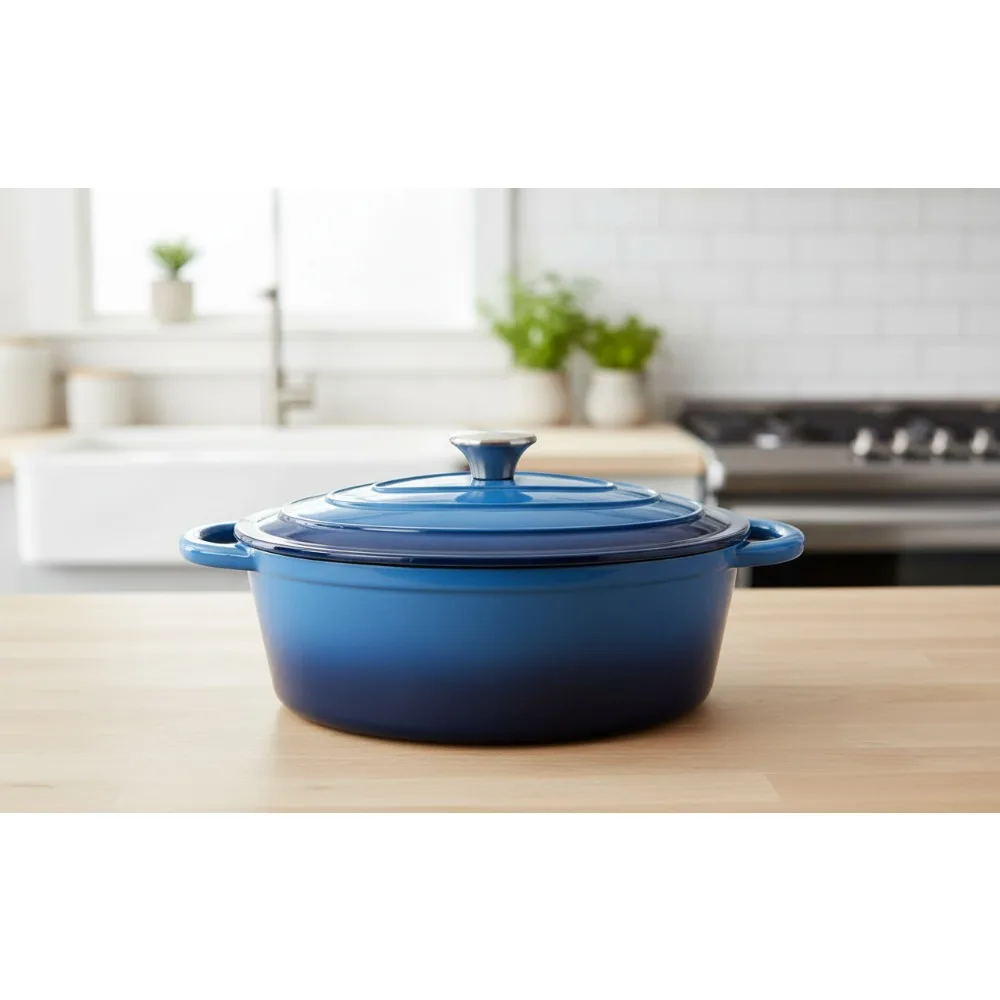 

4.5 Quart Oval Dutch Oven Non Stick Enameled Cast Iron Pot with Lid for Bread Baking Stews Roasting Blue