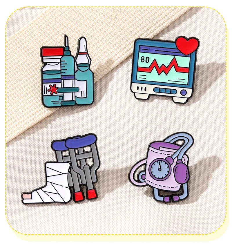Personal Medical Metal Brooches Lapel Pins Crutch Syring Medicine Bottle Electrocardiogram Stethoscop Doctor Badge Jewelry Gift