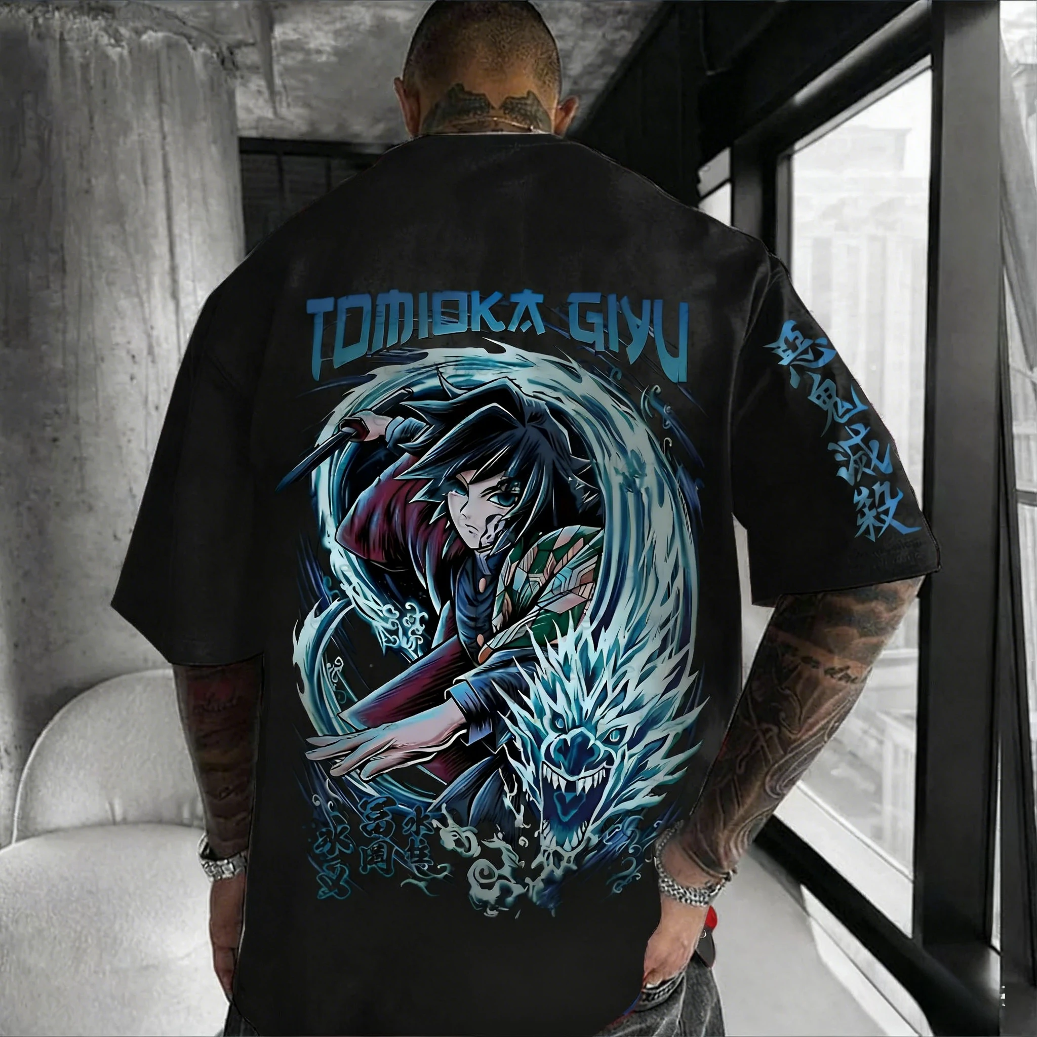 شيطان القاتل أنيمي Tomioka Giyuu تي شيرت مطبوع 2026 الرجال الخريف/الشتاء Harajuku جديد كبير اليومية عادية الوالدين والطفل #1