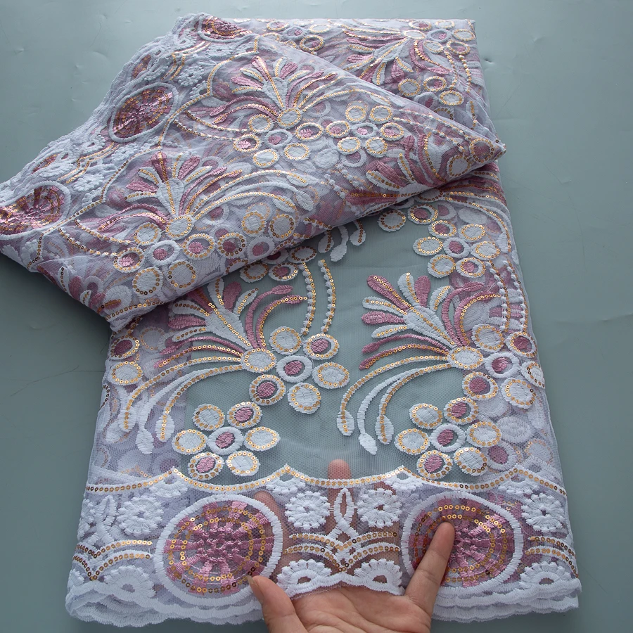 Tessuto di pizzo africano blu 2025 Tessuto di pizzo di tulle di maglia di alta qualità Paillettes Abito da sposa francese di lusso Ricamo Materiale netto da 5 metri