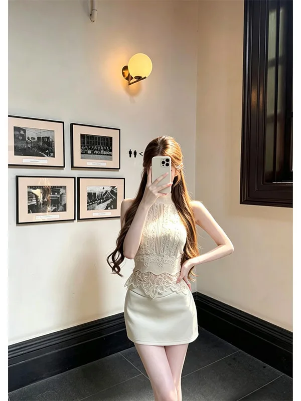 Fashionable Lace Splice Knitted Vest Sleeveless Top with Slimming Wraparound  Skirt Set Transparent Moonlight Style Autum...