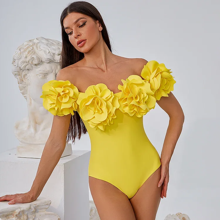 2024 Vintage 3D Flower Decor Yellow One Piece Swimsuit and Skirt  Swimwear Set Women Beachwear  Clearance Wholesale