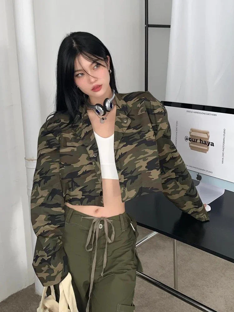 

Sexy Cropped Camouflage Cargo Jackets Women Vintage Streetwear Slim Y2K Coats Vintage American Long Sleeve Fall JJ14