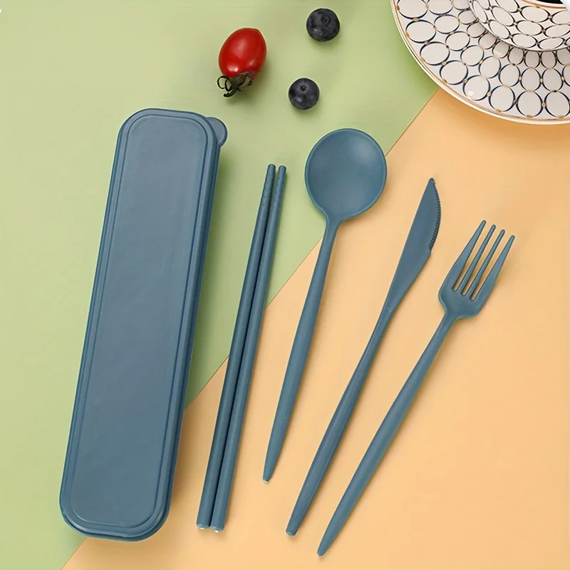 Ustensiles portables en paille de blé, couverts sains et écologiques, baguettes réutilisables, fourchette, couteau, cuillère, ensemble de 4 pièces