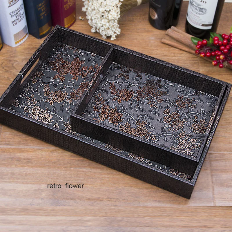 Classic Retro luxury wood PU leather storage box serving tray office home plate snack tray nut dish tray stand decoration tray