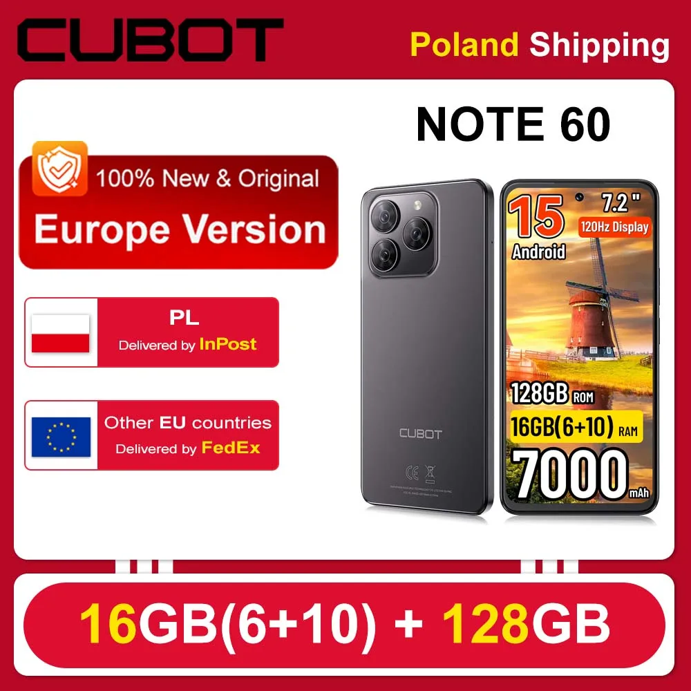 [Envío desde Polonia] Cubot Note 60, Teléfono Inteligente Android 15 con 7000 mAh, Pantalla de 7.2'' y 120 Hz, 16 GB (6+10 GB) de RAM, 128 GB de ROM, Cámara de 48 MP