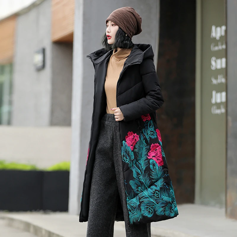 MODERN NEW SAGA Women Coat Winter Quilted Coat Hooded Cotton Padded Coat Parka Female Embroidery Long Jacket Plus Size Outerwear