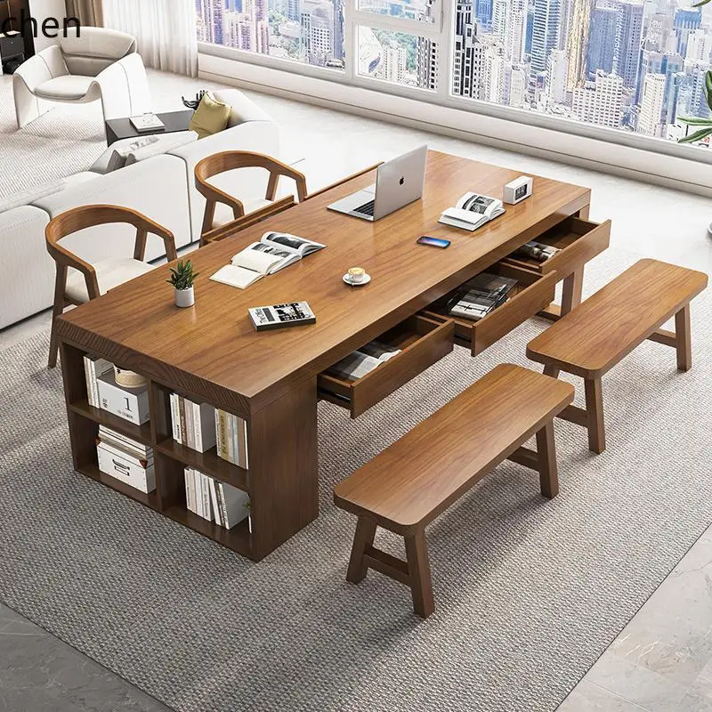 Solid Wood Conference Long Table Log Large Board Table Workbench Office Negotiation Table with Drawer