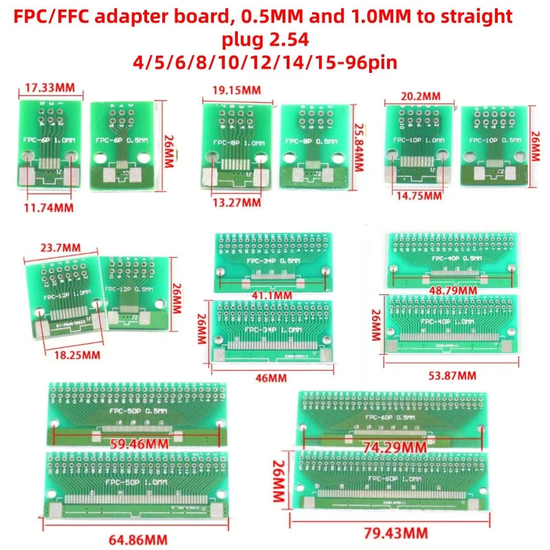 2pcs Double Side 0.5mm 1mm 4 5 6 8 10 12 20 40-96 Pin to DIP 2.54mm FPC/FFC SMT Adapter Socket Plate PCB Board Connector DIY KIT