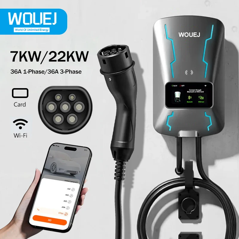 WOUEJ Wallbox 7KW 16A 32A single Phase Type 2 Cable Electric Car EV Charger 22KW Three Phase Wi-Fi APP Control EVSE Charging Box