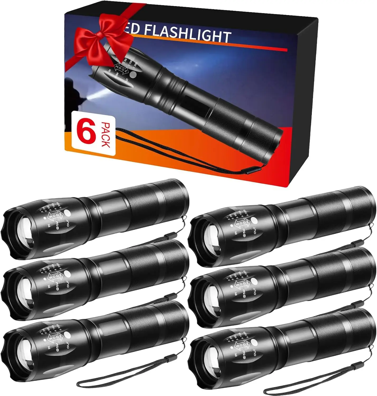 

6Pack High-Lumen LED Flashlights, 5Mode Tactical Pocket Light for Camping, Emergency, Home Use