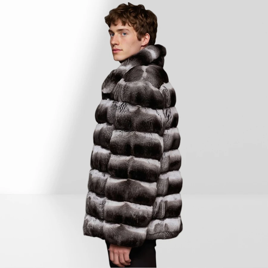 Rex Rabbit Fur Coats With Turndown Collar High Quality Natural Fur Jacket Real Fur Coat Men Short Chinchilla Color Fur Coat