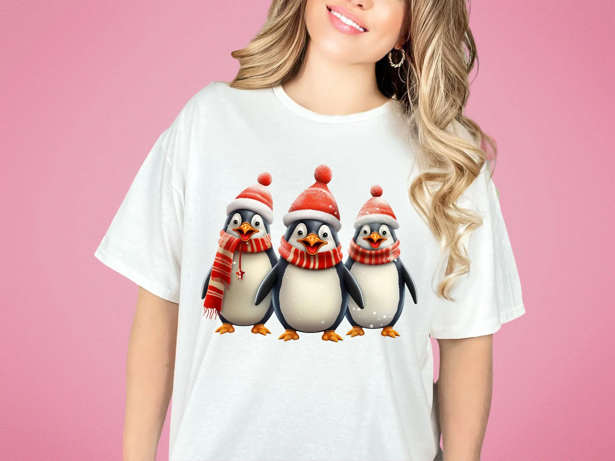 T Shirt Penguins With Santa Hat Scarf Singing Christmas Carols Xmas Festive For Holiday Apparel Him Her