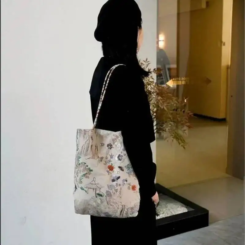 Floral Canvas Handbag Women Large Capacity Sequined Embroidery Shoulder Ladies Landscape Pattern Elegant Tote Bag