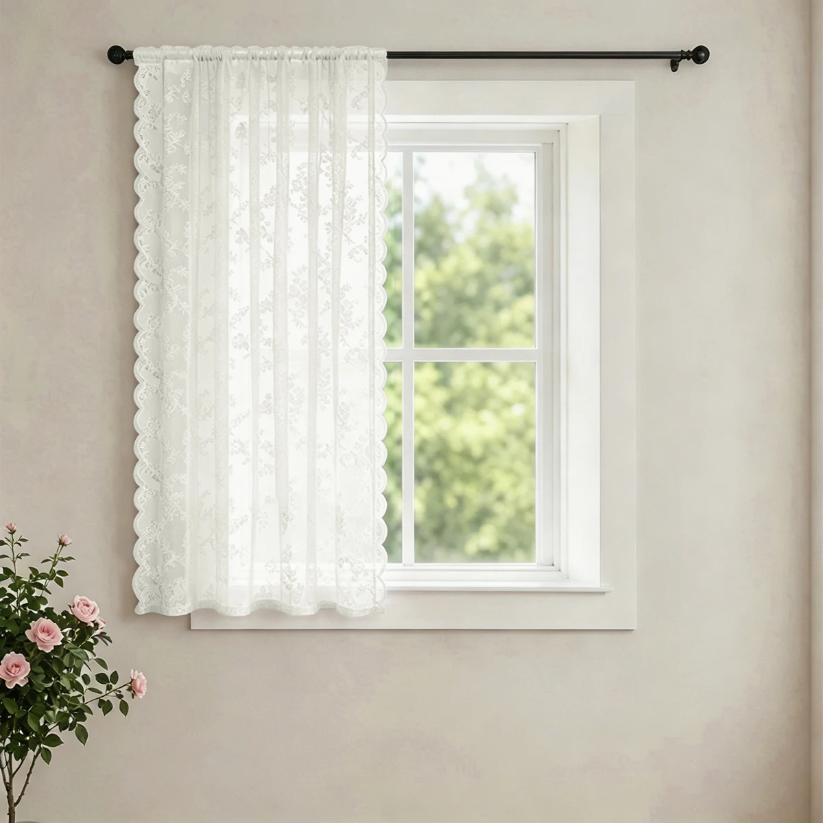 1 Stück französischer Vintage-Rosenspitzenvorhang mit wellenförmigen Rändern, kleiner dekorativer Fenstervorhang ohne Löcher – Detail 9