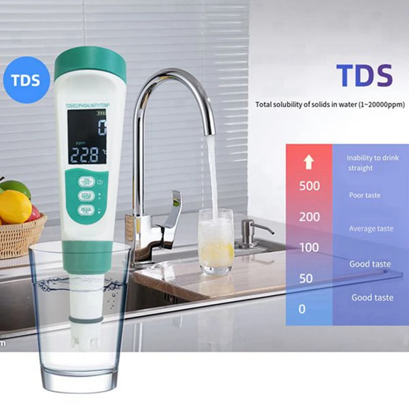 5-In-1 Water Quality Test Pen Voice Model EC Acidity Ph Meter Tds Salinity Meter Water Quality Tester Without PH Powder, Durable