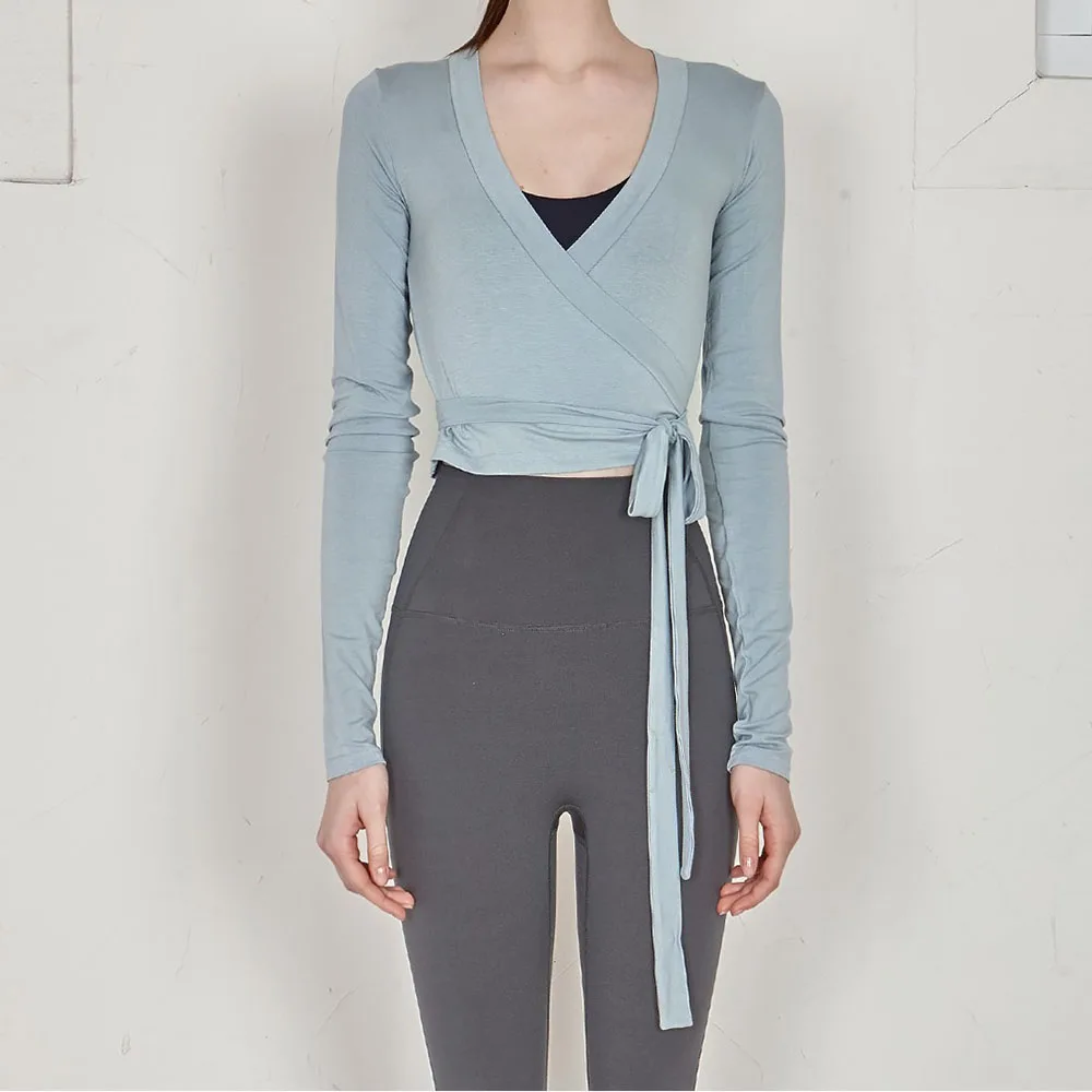 Women's Summer Yoga Shirts Cross Wrap Tie Front Long Sleeve Workout T Shirts Sexy Deep V Neck Slim Fit Casual Cropped Tops