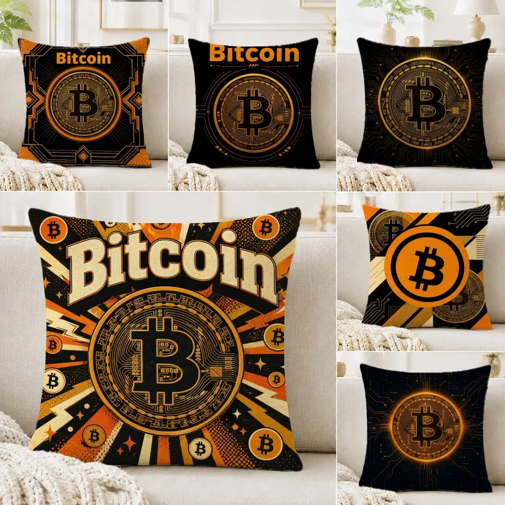 Symbol Bitcoin Cushion Cover Linen Cushion Cover, Double-Sided Printed Pillow Cover for Sofa Home Decor