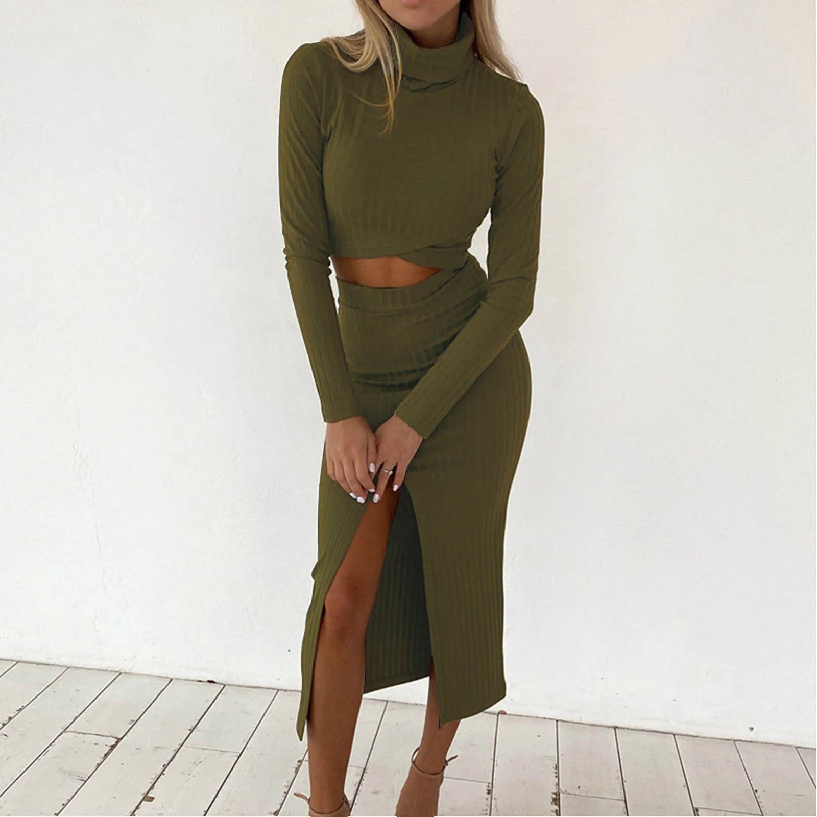 Women Long Sleeve Turtleneck Top High Waist Elegant Slim Fit Slit Skirt Set Swimming Suit For Women Long Sleeve Sexy Split Dress