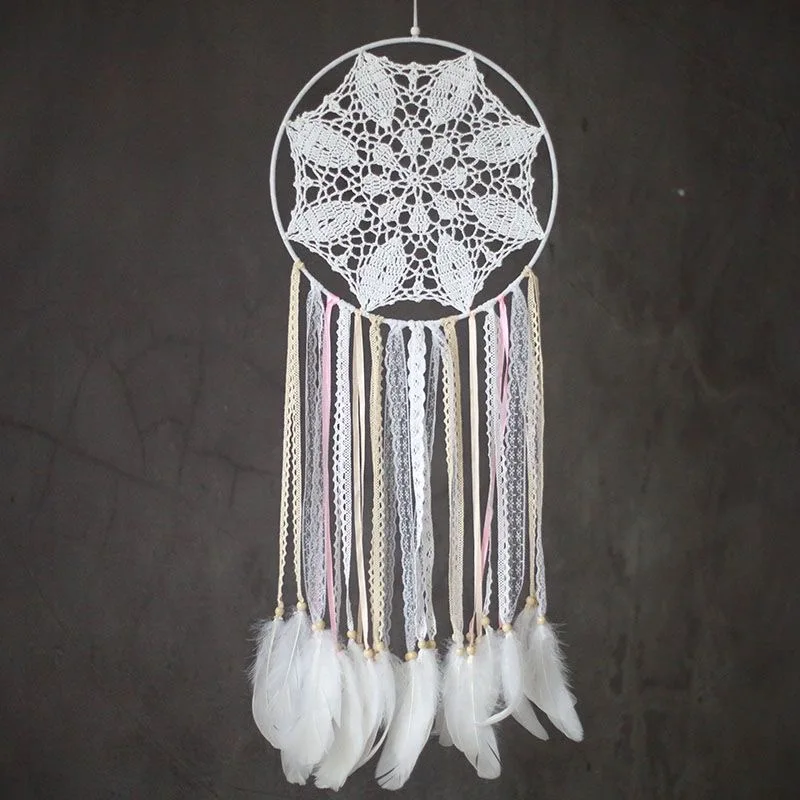 Boho Crochet Lace Dreamcatcher with Feather Ribbon, Handmade Wall Hanging Decor for Bedroom Wedding, LED String Light Optional