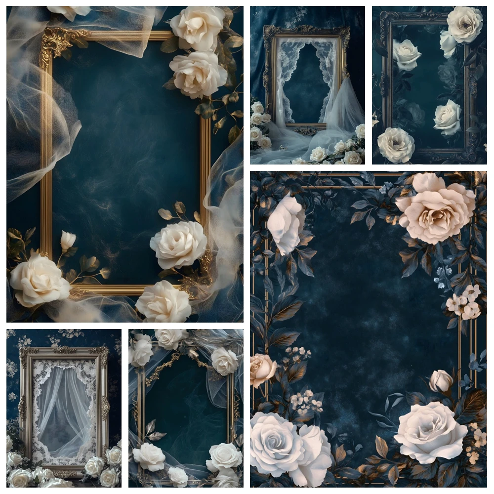 

Vintage Indoor Flower Photography Backdrop Gold Frame Dark Wall Flower Adult Maternity Portrait Wedding Photo Background Decor