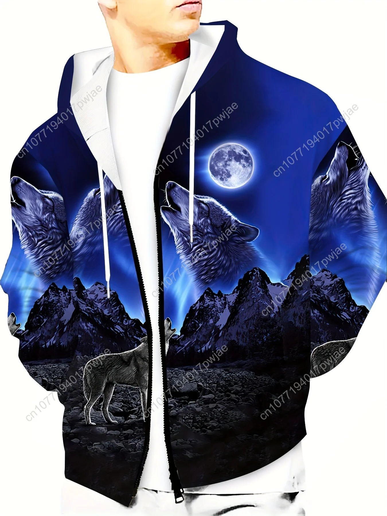 Chaqueta informal con capucha para hombre con estampado 3D de lobo de cuerpo completo, tejido de poliéster, cremallera frontal de manga larga, lavable a máquina, Fi Regular