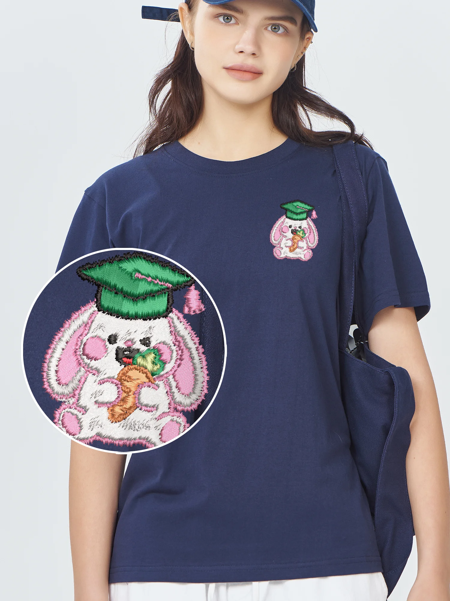 

Lovely Rabbit Wearing Mortarboard Embroidered Tee Shirt Unisex Trendy Graphic Casual Loose Fit Embroidery T Shirt​