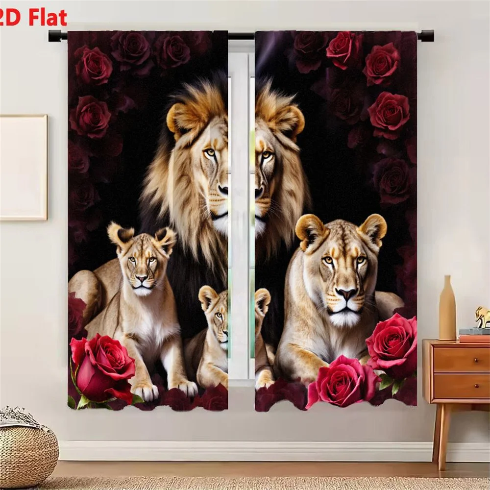 2Pcs Curtains 2D Flat Family Of Lions With Majestic Mane Adult Male And Three Lionesses In Floral Backdrop With Dark Moody Elega