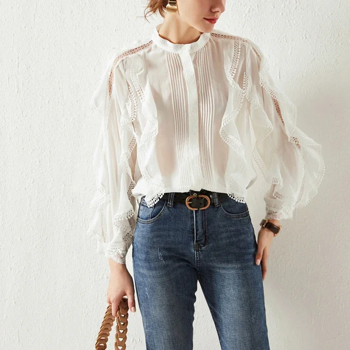 GypsyLady Vintage Chic French Blouse Shirt Autumn Hollow Out Sheer Women Blouse Long Sleeve Trims Ruffles Sexy Ladies Female Top