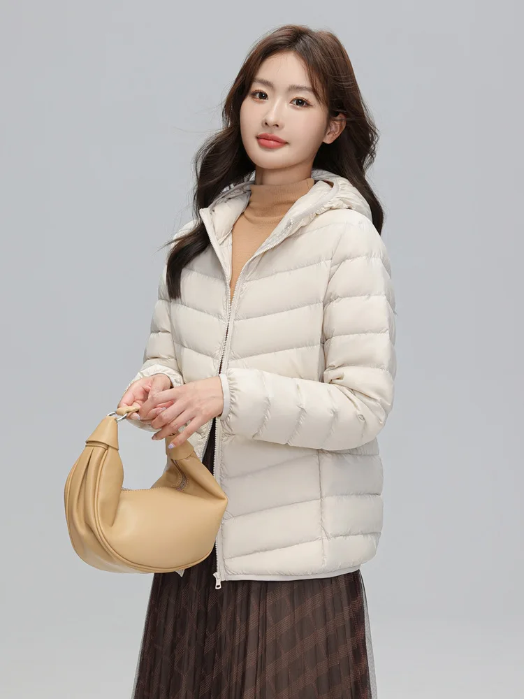 Lightweight Packable Hooded Down Jacket Women Autumn Winter 90% Down Fill Base Layer Jacket Female Solid Color Casual Down Coats