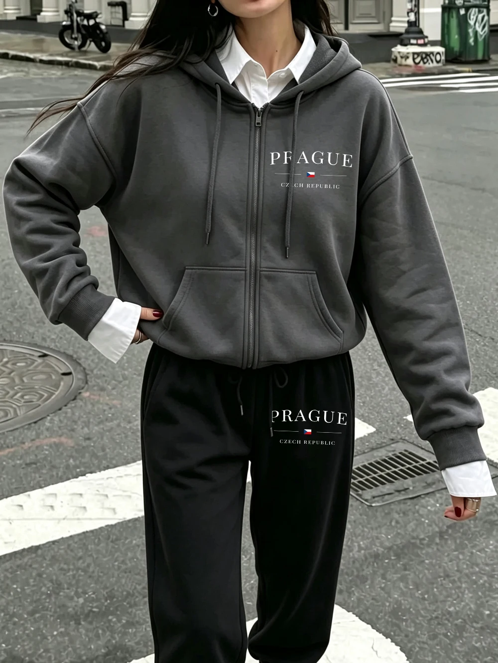 2Pcs Zipper Hoodie Set Women Prague Czech Republic Prints Sweatpantssporty Pocket Oversized Sweatshirt Autumn Fleece Warm Pants