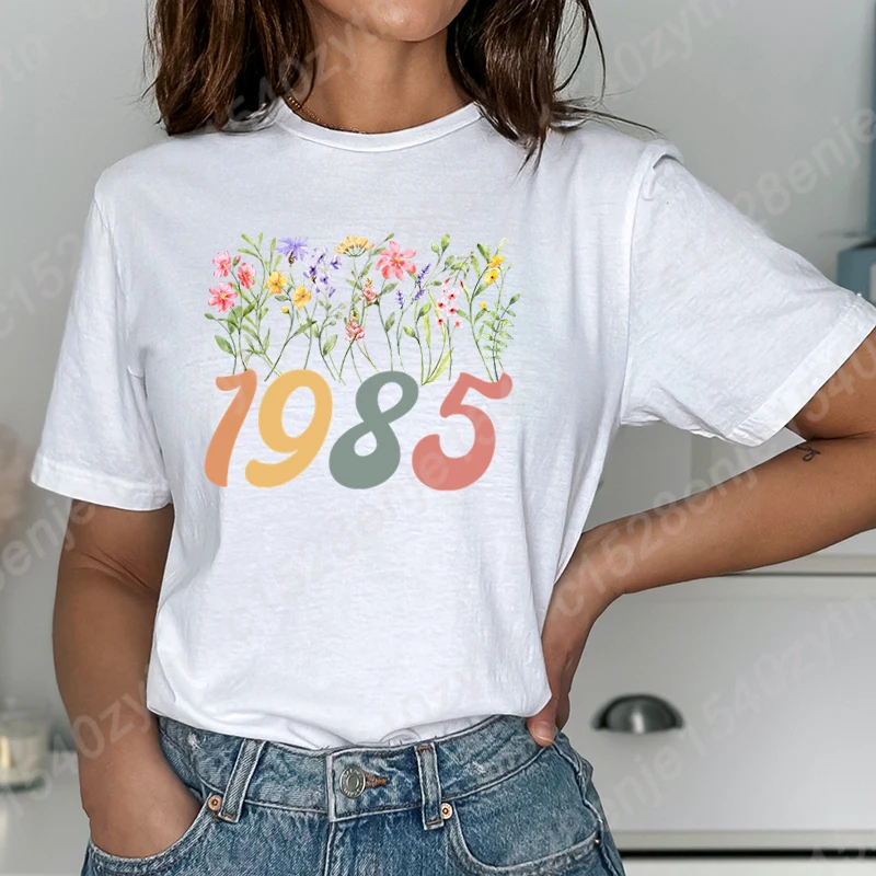 Flower 1985 Shirt Graphic Tee Shirt For Women Birthday Gifts T Shirts New Popular Tees Retro Birthday Party Idea Pure Color Tops