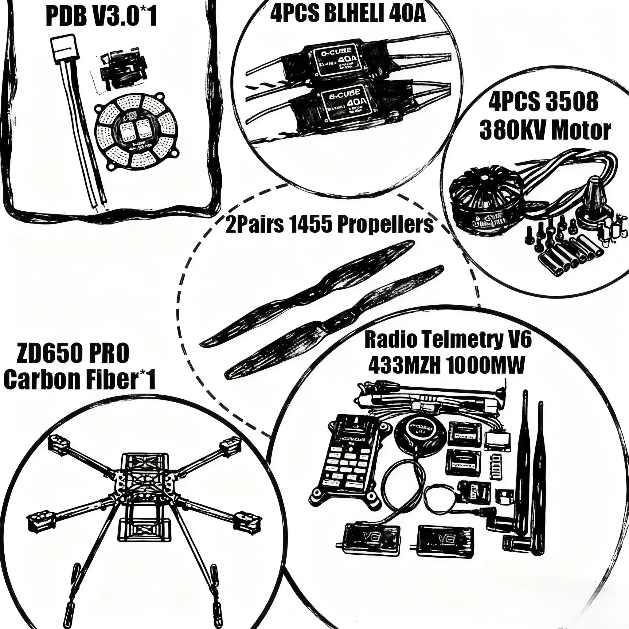 RCtoSky ZD650 PRO 650mm Ardupilot Carbon Fiber Quadcopter Frame FPV Quad with Carbon Fiber Landing Skid Motor ESC 40A