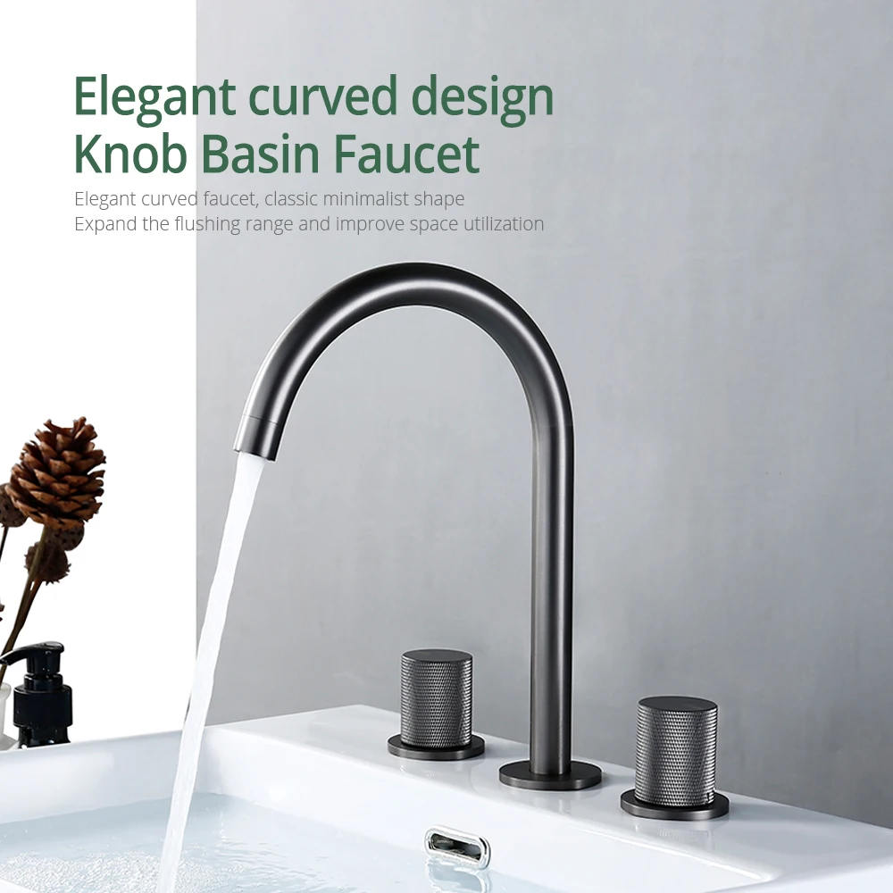 Imagem -02 - Torneira de Bacia de Metal Quente e Fria Alças Serrilhadas Torneira de Pia Instalada Misturador Montado em Deck Peças de Torneira de Banheiro de Latão